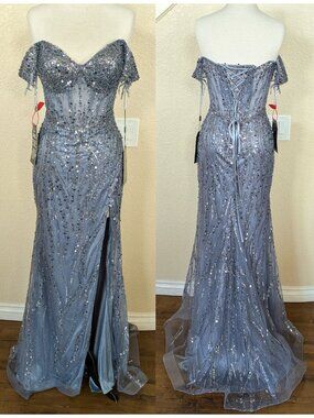 Smoky Blue Sequined Off the shoulder Corset Formal Prom Evening Mermaid Dress 4